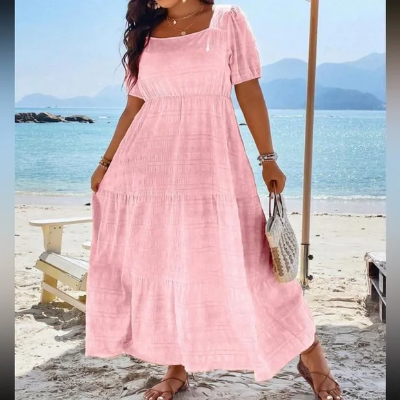 Boho plus size comfy square neck puff sleeve ruffle hem maxi dress
